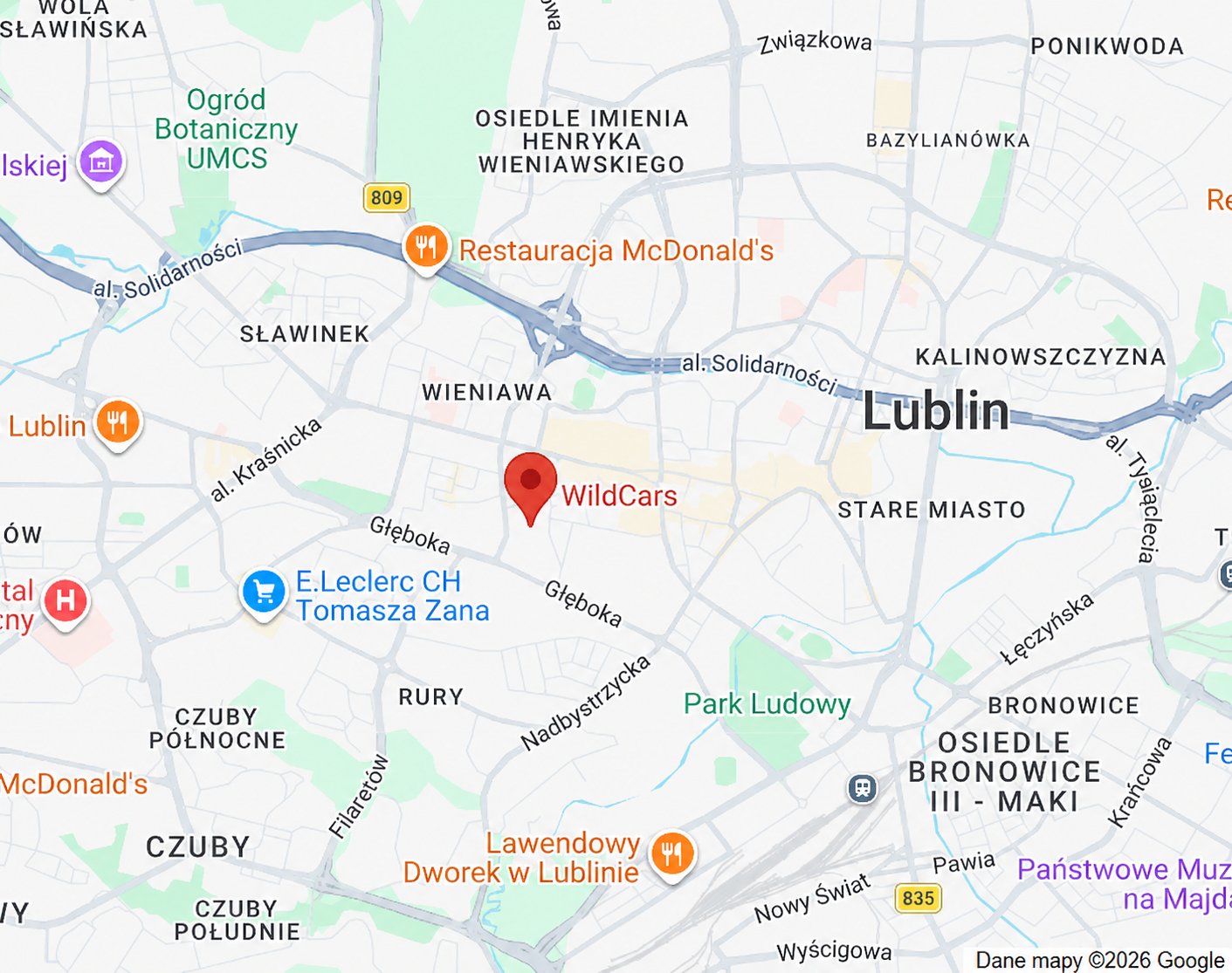 Map showing the WildCars garage location in Lublin